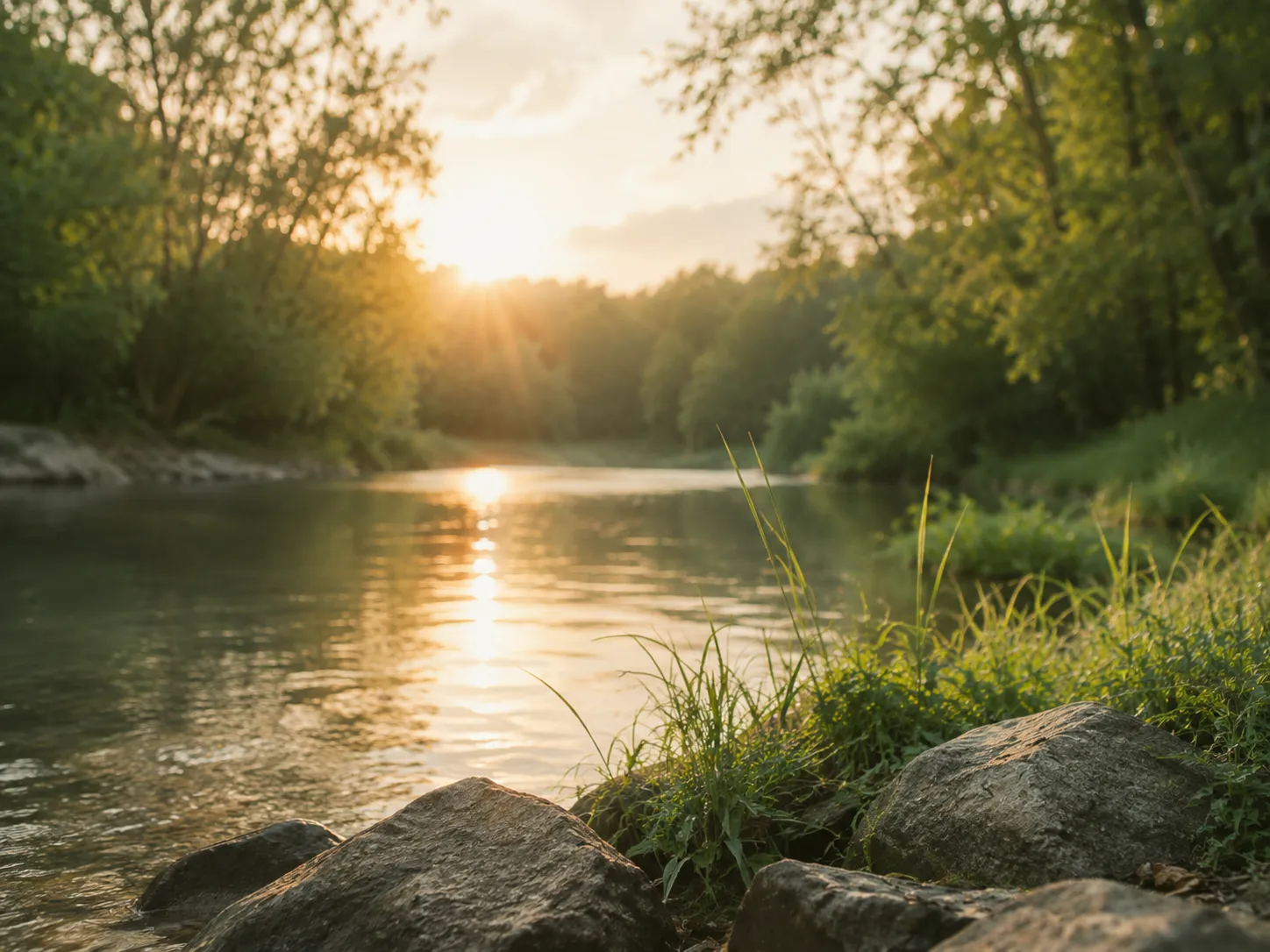 Rivier in de natuur bij zonsondergang